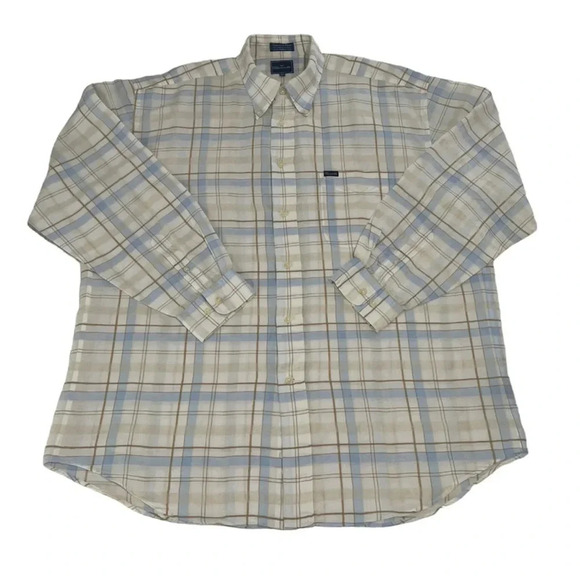 Faconnable Shirt Men’s XXL White Multi Linen Cotton Plaid Long Sleeve Vtg - Picture 1 of 15
